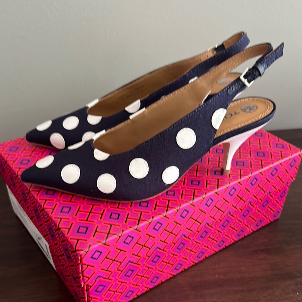 Tory Burch Blue and White Heels -Brand New! Size 8